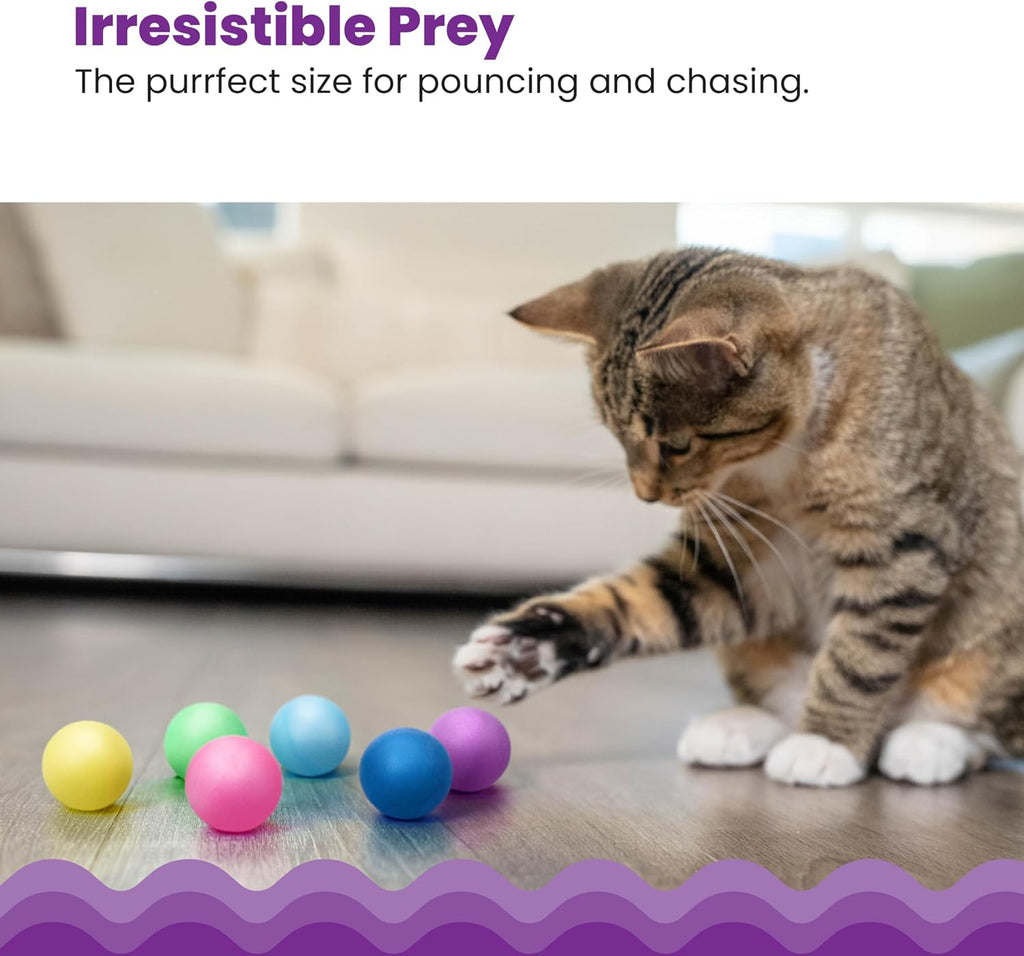 Catstages thirty-eight millimeter plastic balls designed for chasing and batting play.
