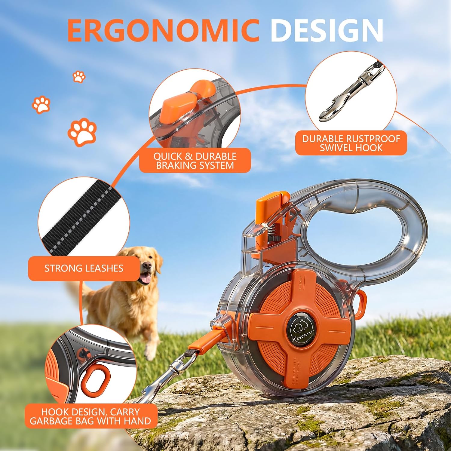 Close-up of XlyCrtve dog leash one-hand brake and lock button