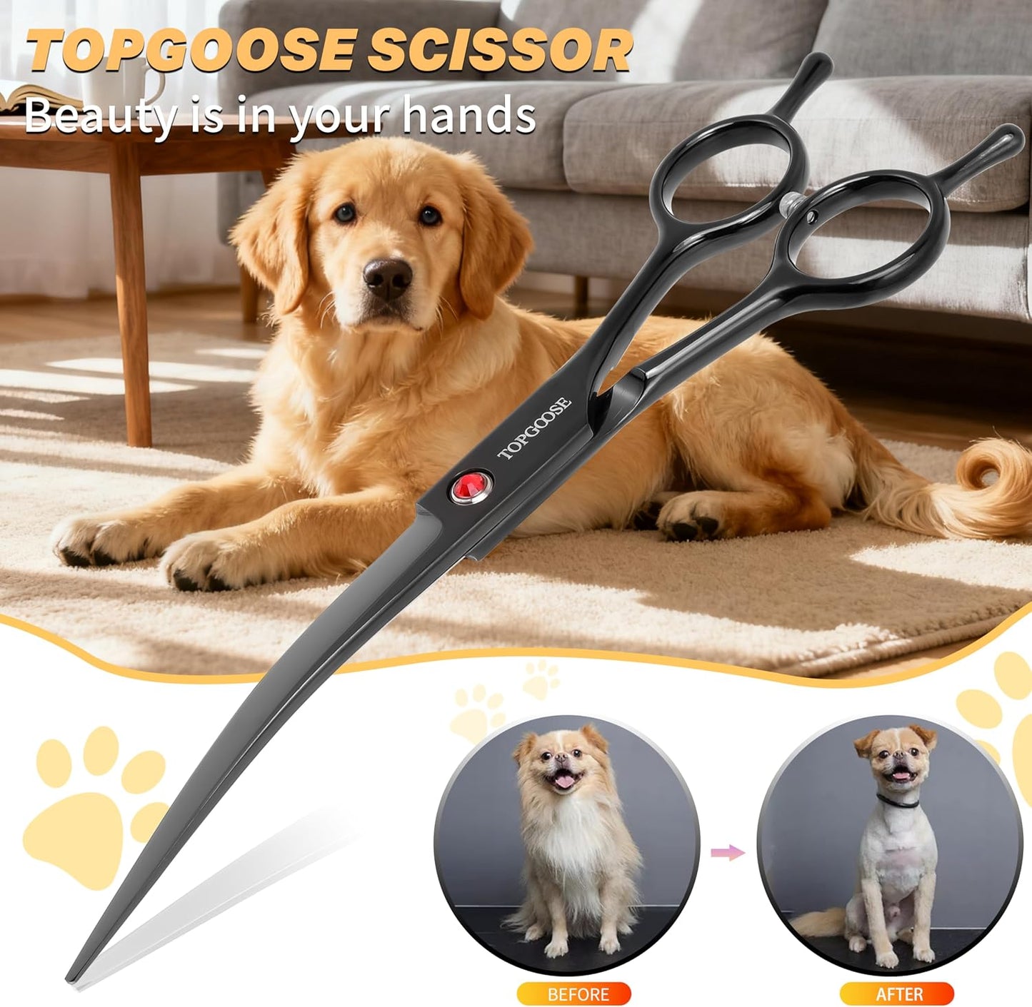 Topgoose 7.5 inch pet shear blade close up highlighting the Japanese stainless steel curved edge.