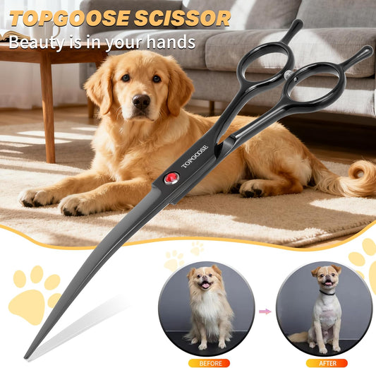 Topgoose 7.5 inch pet shear blade close up highlighting the Japanese stainless steel curved edge.