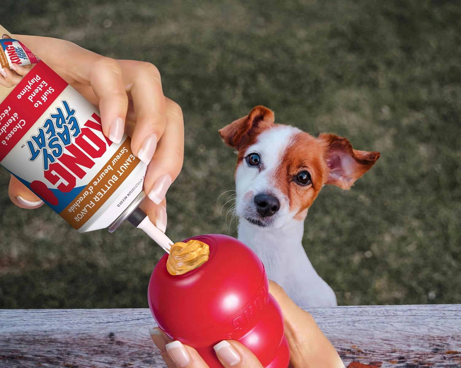 Mess free dog treat paste being squeezed into a rubber toy