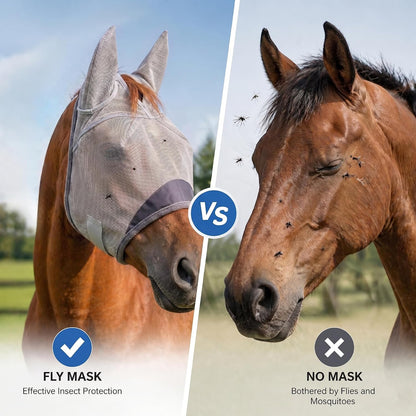 Side profile of horse wearing gray UV protection fly mask