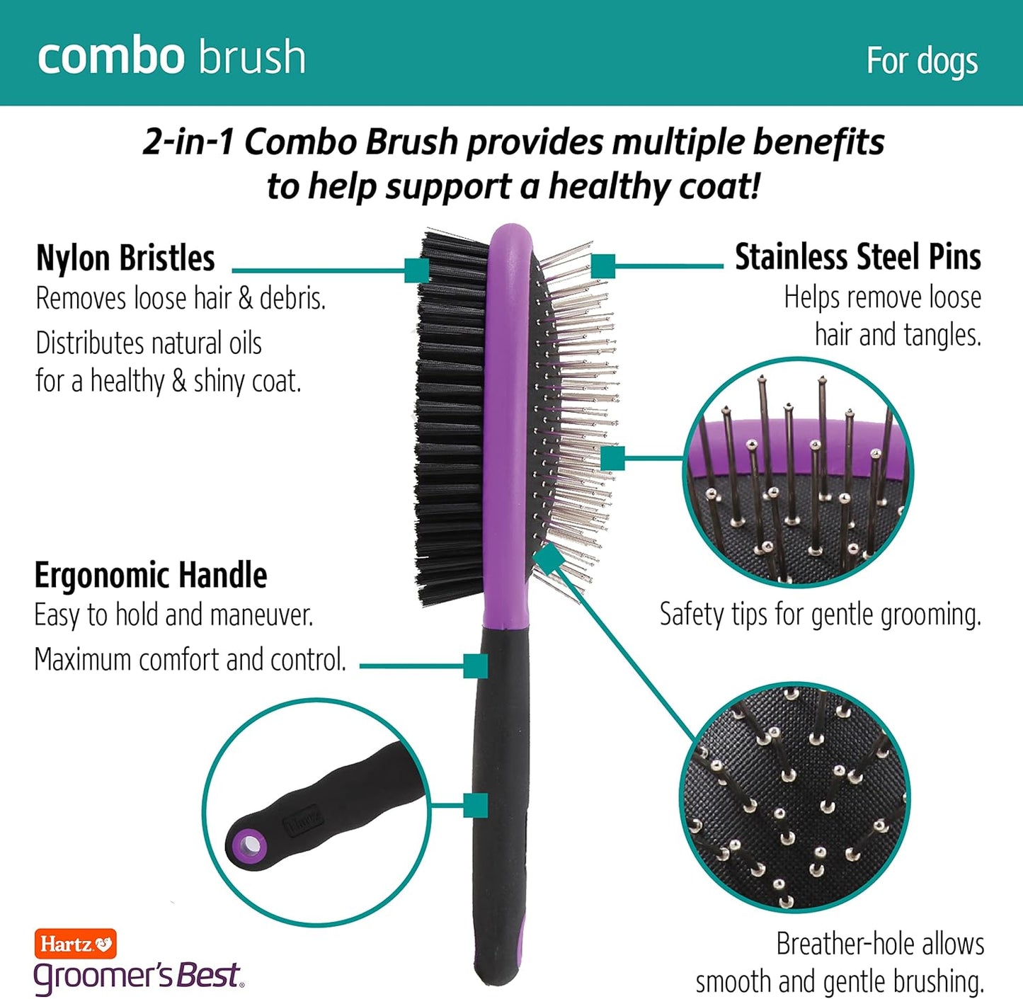 Hartz dog grooming tool highlighting the dense nylon bristles side for coat shining