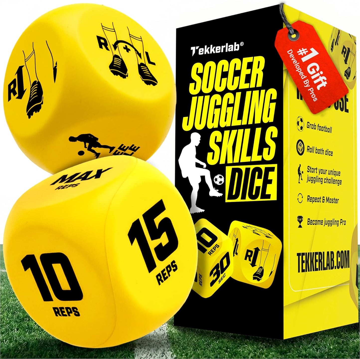 Tekkerlab Soccer Kick Up Dice front view showing two green and yellow soft foam training blocks.