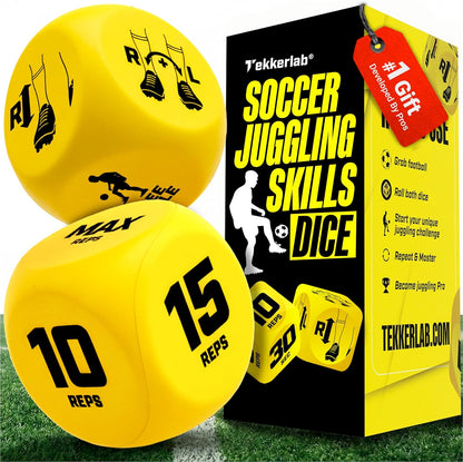 Tekkerlab Soccer Kick Up Dice front view showing two green and yellow soft foam training blocks.