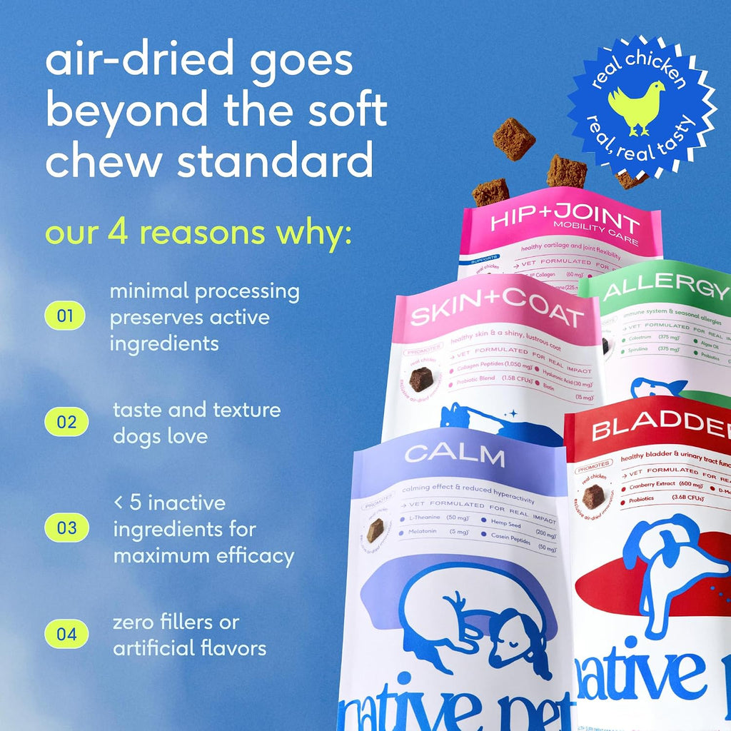 Native Pet dog daily wellness supplement packaging emphasizing zero filler formula and probiotic content.