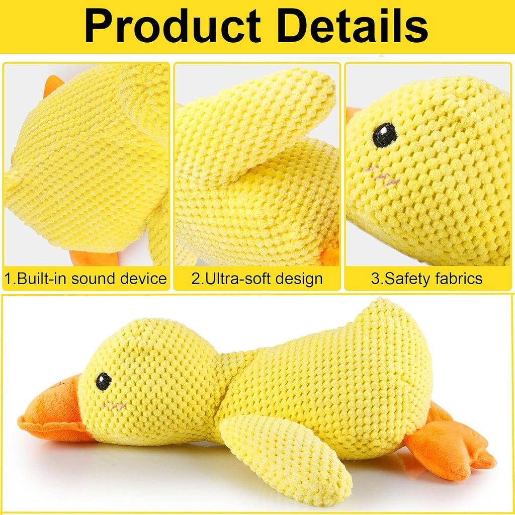 Yellow duck dog toy showing textured fabric detail
