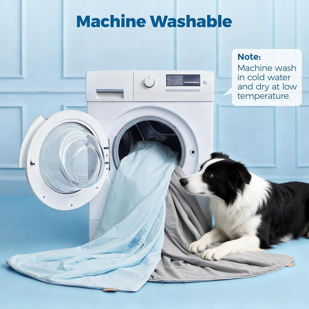 Machine washable pet blanket being placed into a washing machine container.