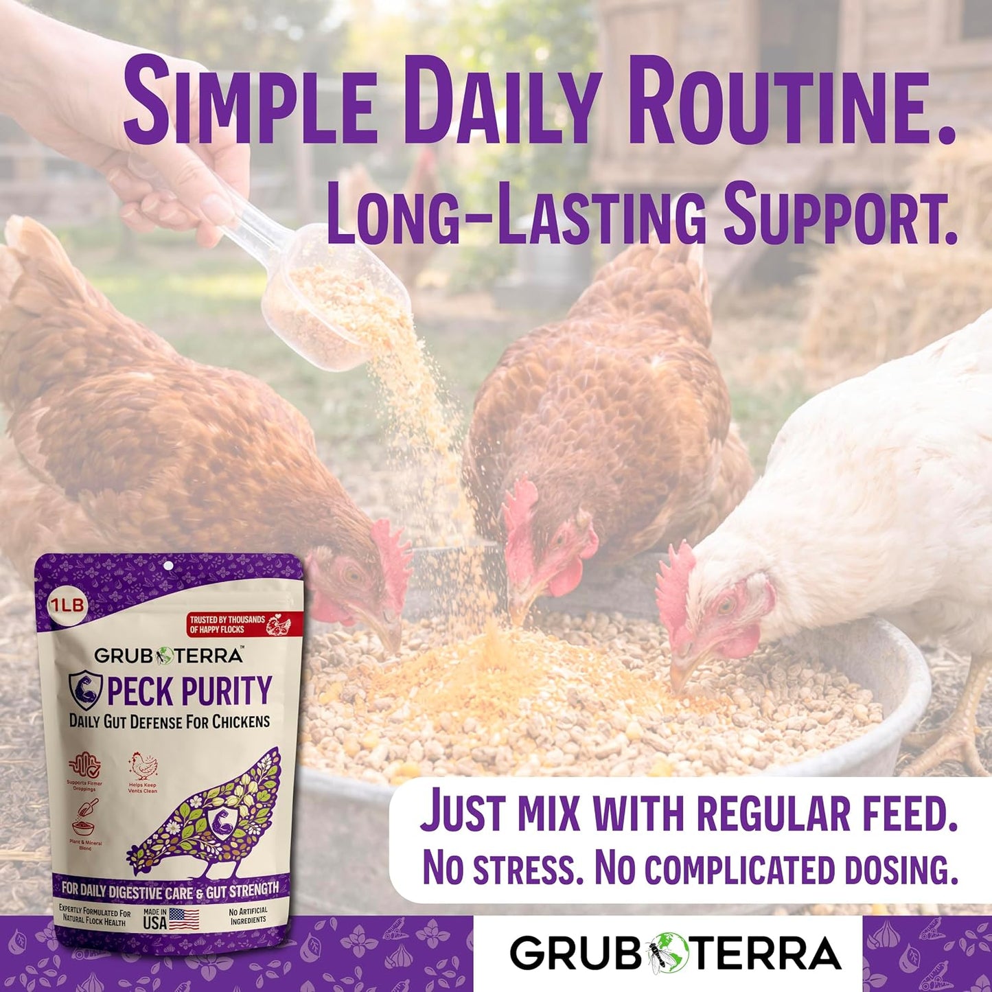 GrubTerra PeckPurity herbal blend for laying hens and chicks mixed into poultry feed