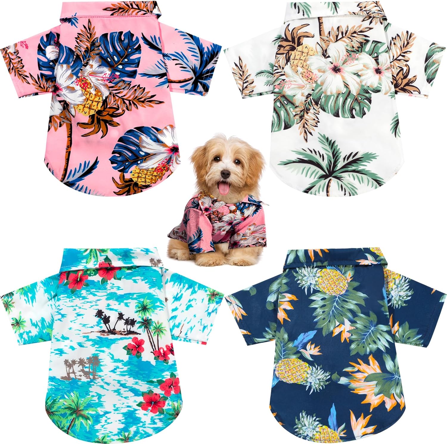 Weewooday Hawaiian floral pet T-shirts set of 4 front view