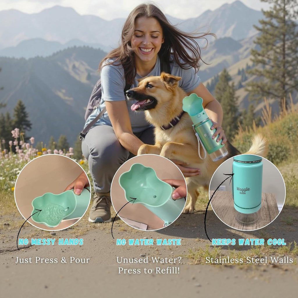 Mint green vacuum insulated dog water dispenser with paw shaped drinking cup.