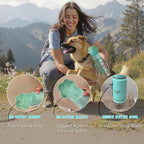 Mint green vacuum insulated dog water dispenser with paw shaped drinking cup.