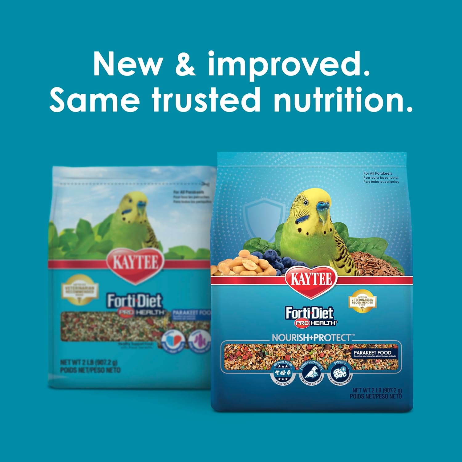 Kaytee parakeet food bag showing nutritional science label