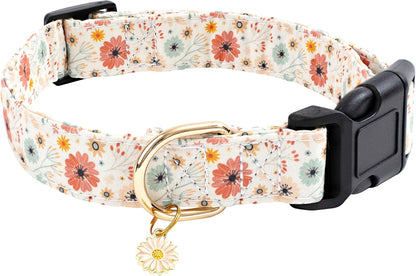 Faygarsle cotton designer dog collar with floral pattern and flower charm front view