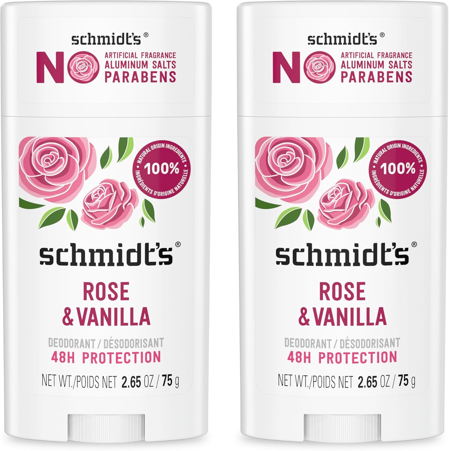 Schmidt's Rose and Vanilla aluminum-free deodorant sticks front view
