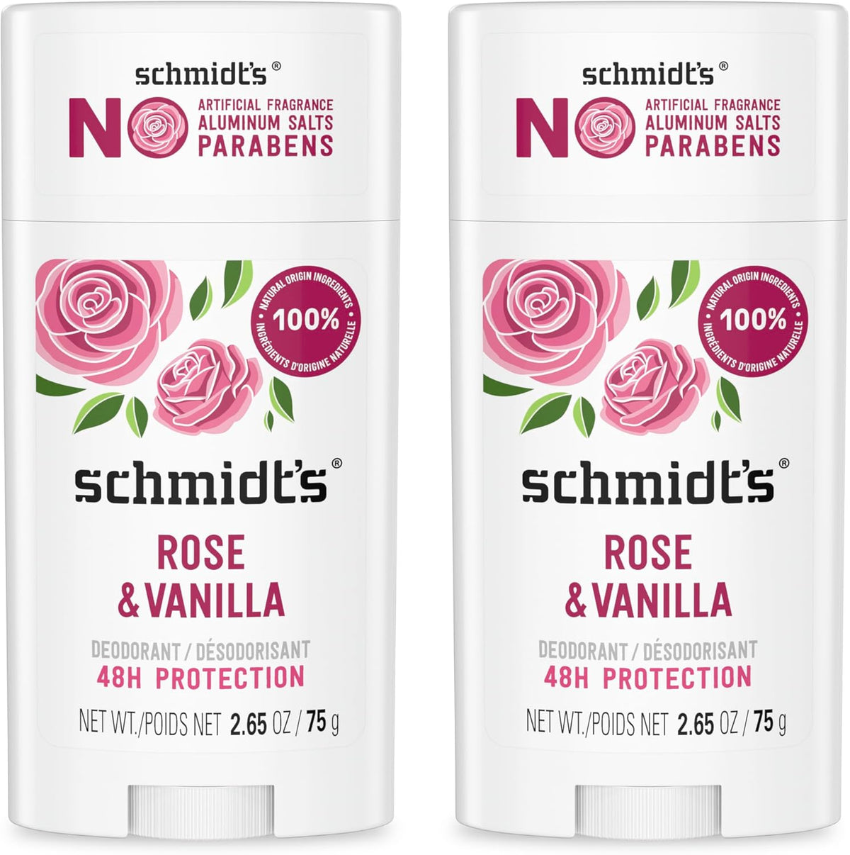 Schmidt's Rose and Vanilla aluminum-free deodorant front view stick