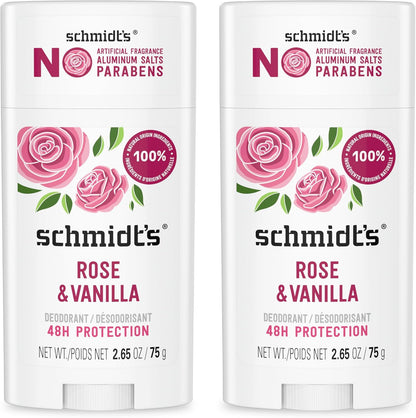 Schmidt's Rose and Vanilla aluminum-free deodorant sticks front view