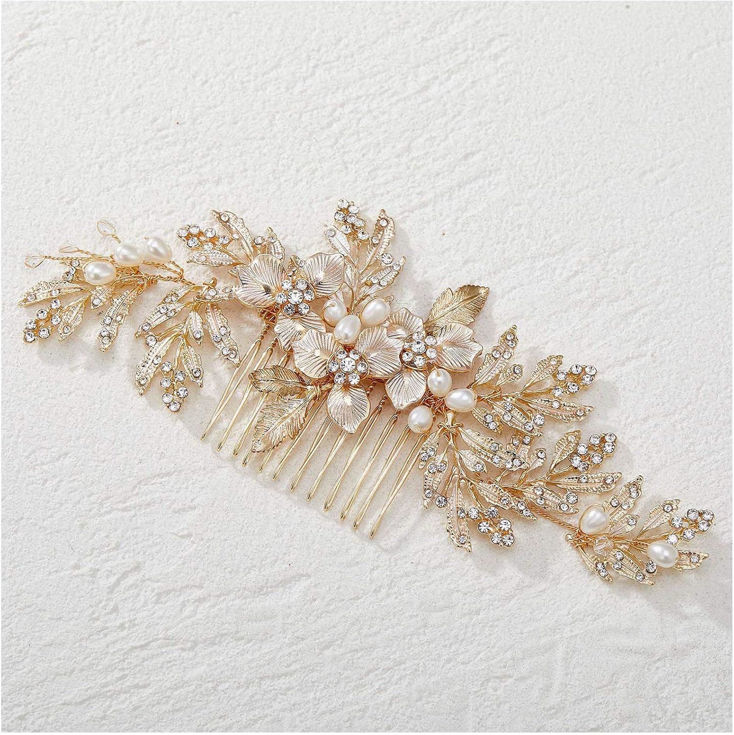 SWEETV handmade wedding hair comb clip in gold showing detailed front view with rhinestones and pearls