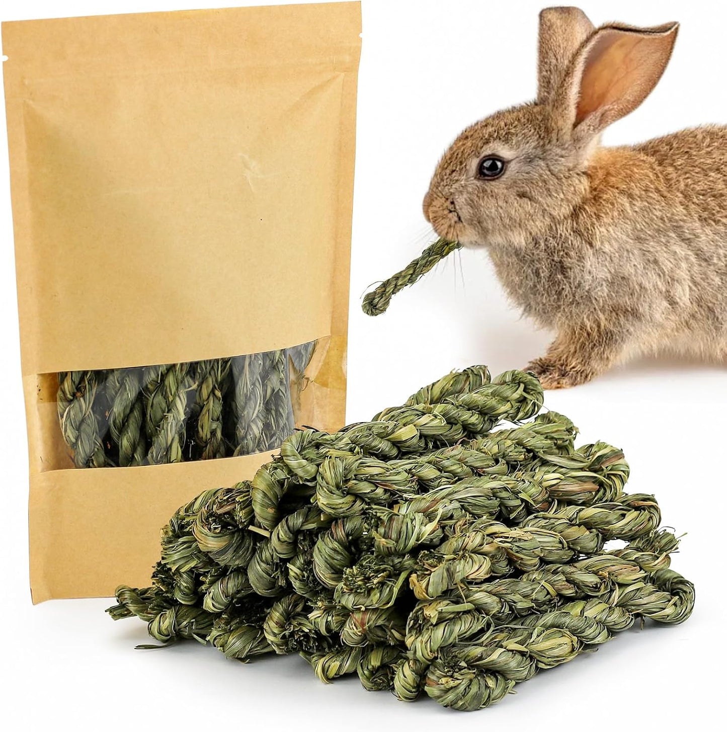 ERKOON timothy hay chew sticks front view featuring twenty five organic grass treats for small pets.