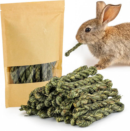 ERKOON timothy hay chew sticks front view featuring twenty five organic grass treats for small pets.