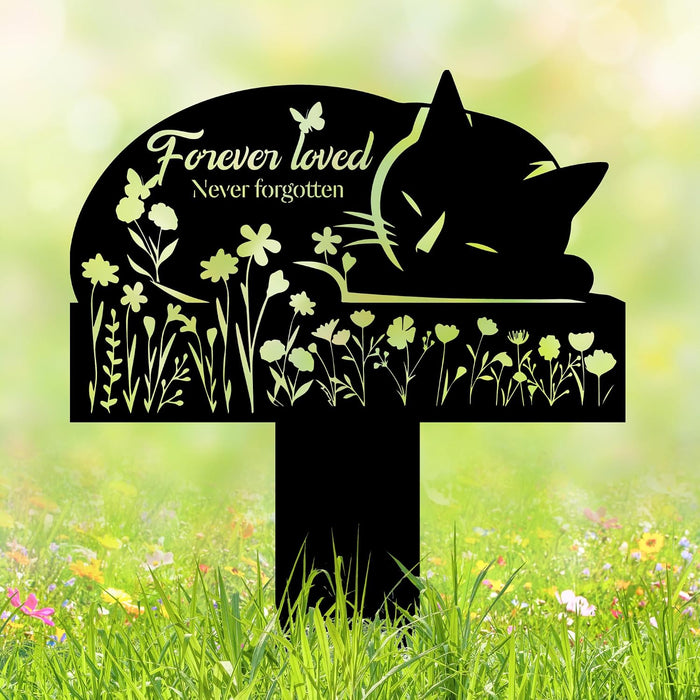 Cat Grave Marker Outdoor Memorial - 12in Metal Pet Memorial Plaque with Garden Sleeping Cat, Weatherproof Headstone for Yard or Indoor Tribute, Sympathy Gift for Loss of Cat - Image 1