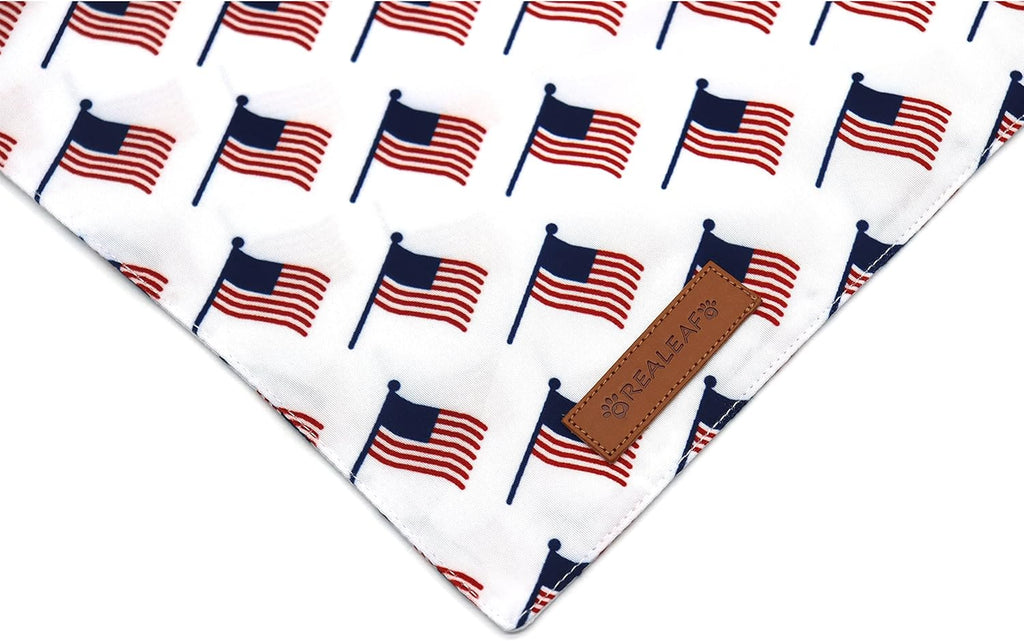 Realeaf patriotic dog scarf collection illustrating the adjustable neck sizing layout.