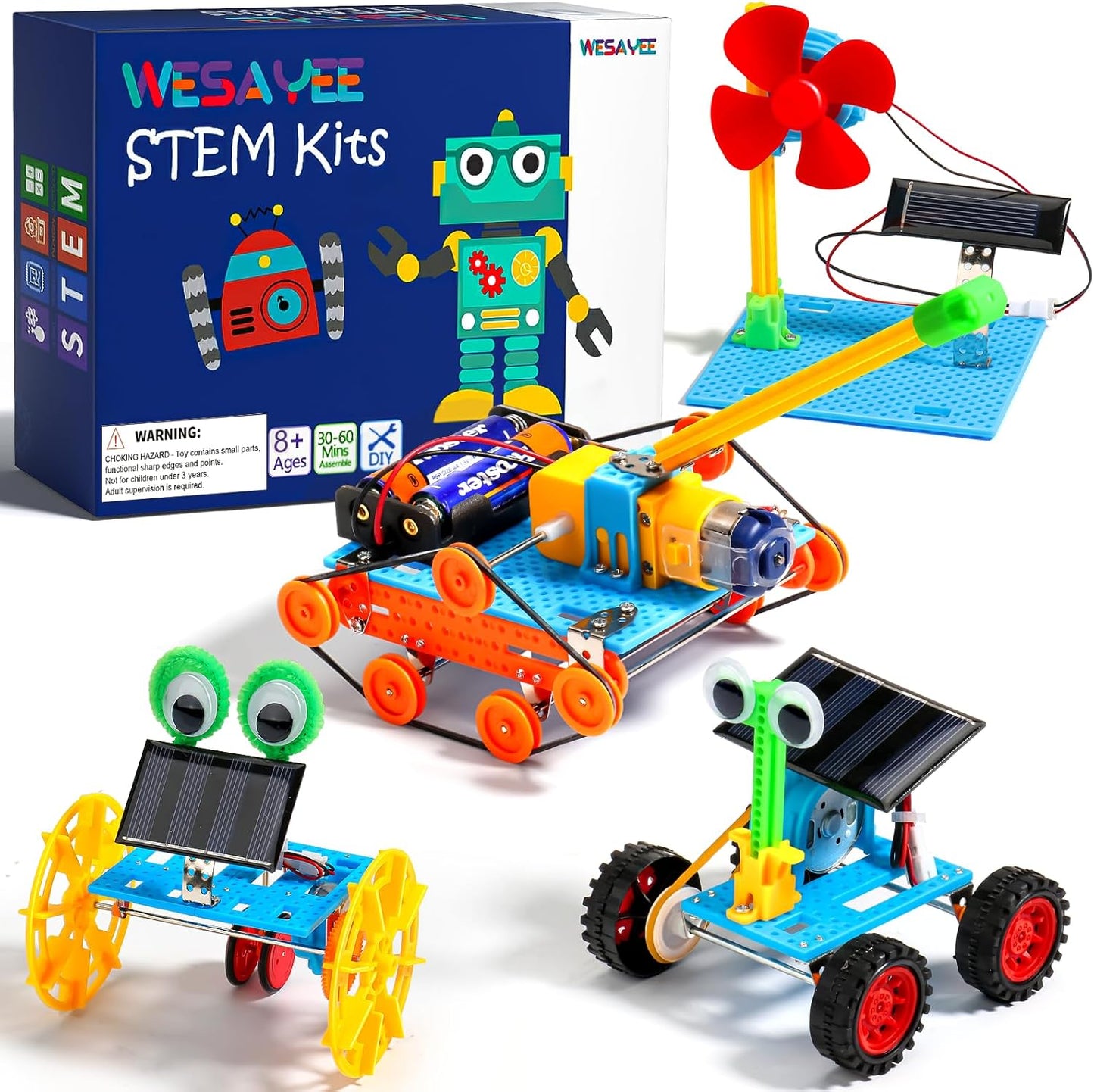 WESAYEE STEM Solar Robot Kit front view showing product packaging and educational science toy components.