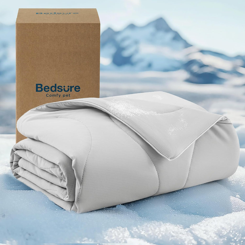 Bedsure premium cooling blanket front view spread on a living room floor