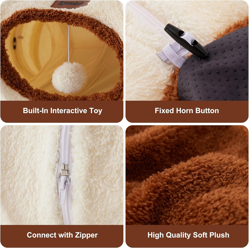 ZOMISIA plush pet cave tunnel configured in an S-shape track with interactive toy balls