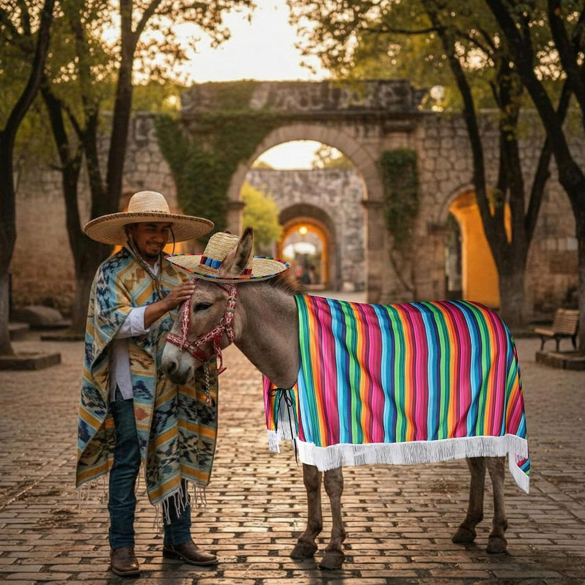 Donkey wearing festive Mexican fiesta costume at outdoor event