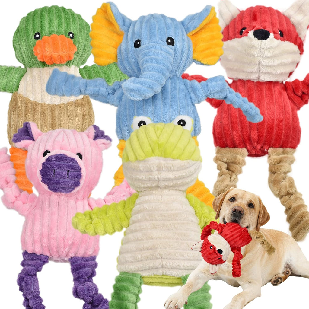 LECHONG 5 Pack Tough Dog Toys front view of fox duck pig frog and elephant squeaky plush bundle