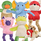 LECHONG 5 Pack Tough Dog Toys front view of fox duck pig frog and elephant squeaky plush bundle