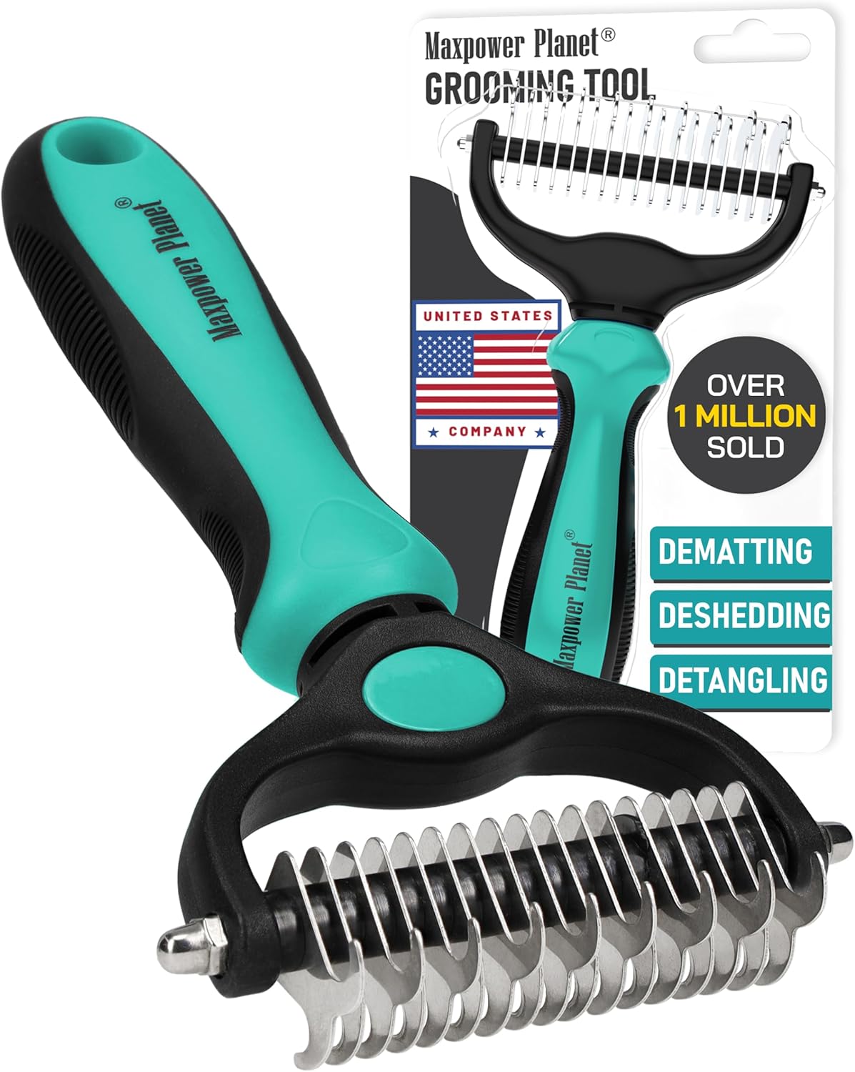 Maxpower Planet pet grooming brush front view turquoise color undercoat rake