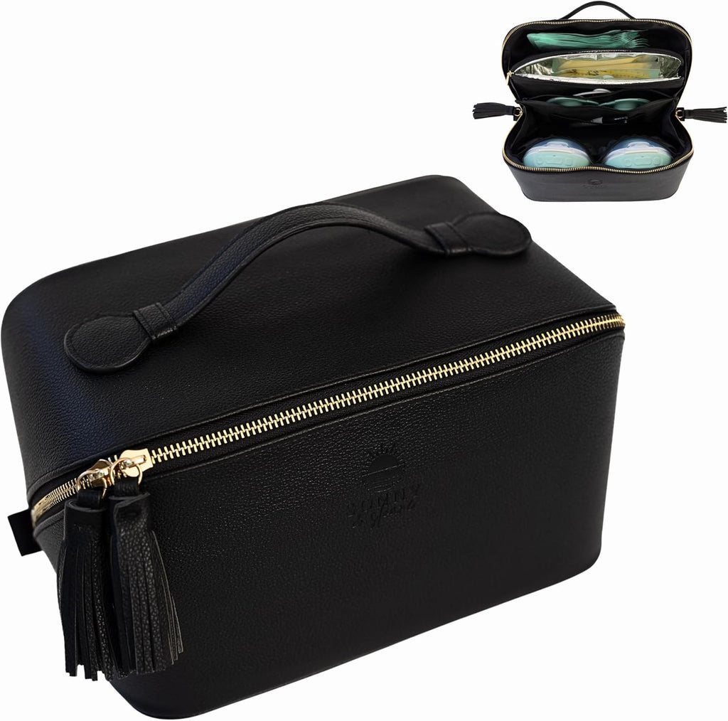 Sonny & Sloane Wearable Breast Pump Bag with Cooler in Black Lychee Luxe front view showing premium vegan leather exterior and gold zippers.