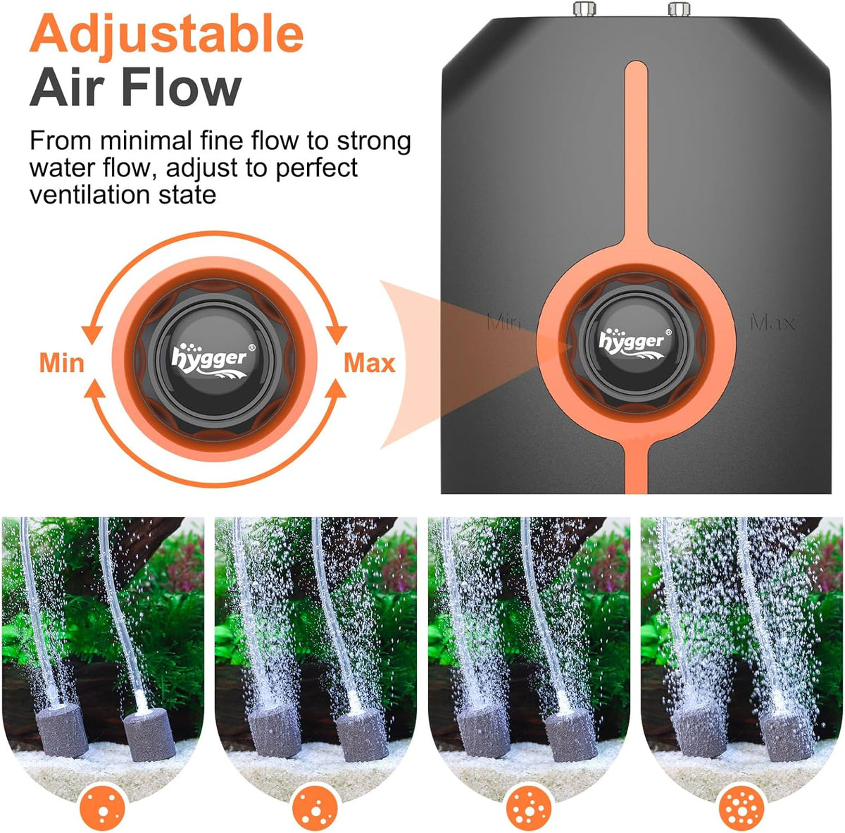 Hygger aquarium air pump showing dual stainless steel outlets