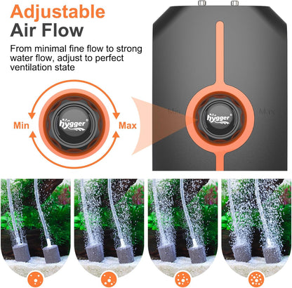 Hygger aquarium air pump showing dual stainless steel outlets