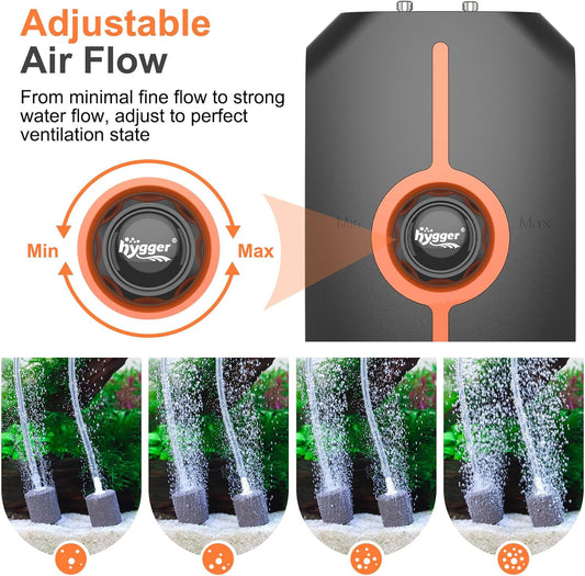 Hygger aquarium air pump showing dual stainless steel outlets