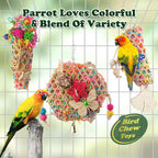 Handwoven wooden and colorful paper bird chew toy close up