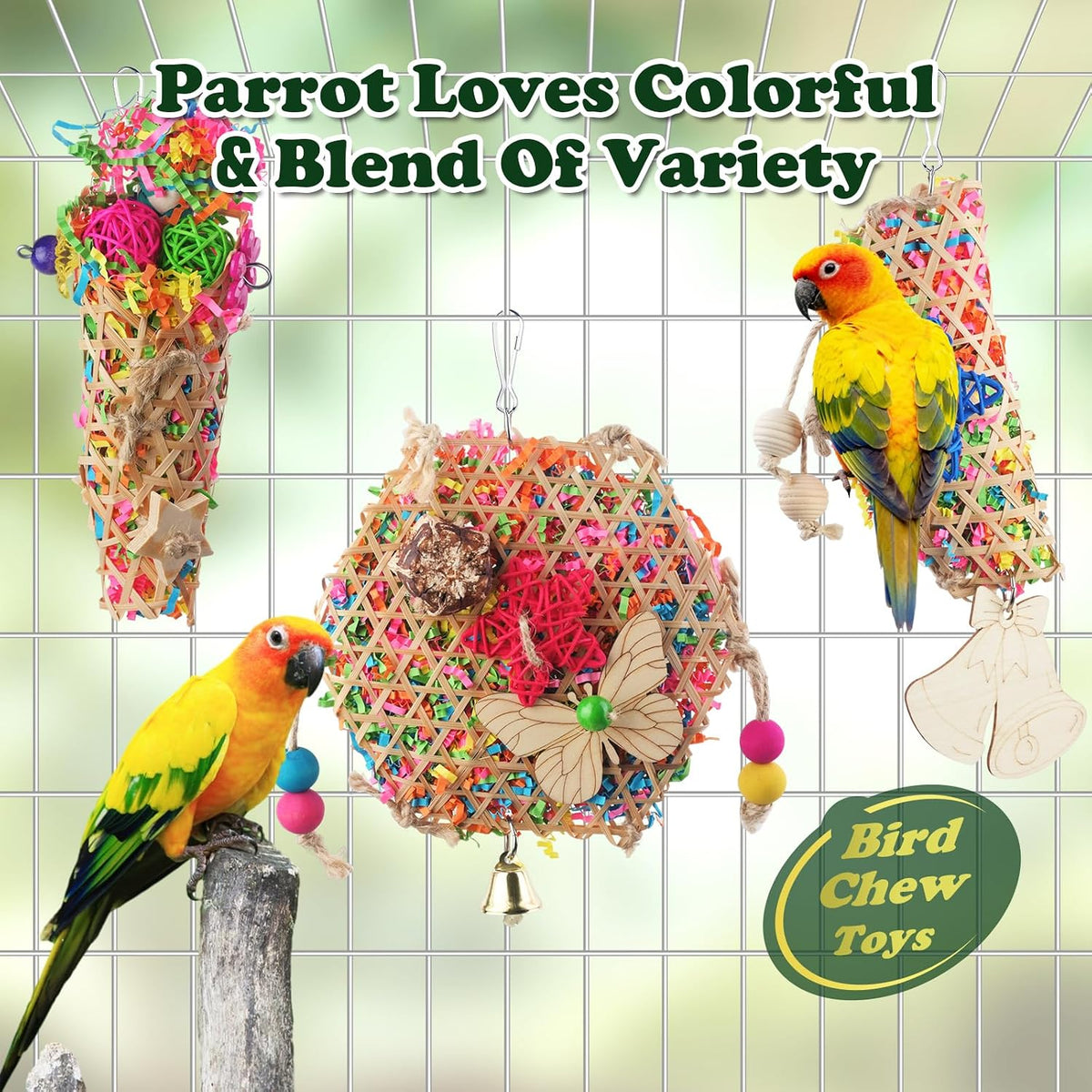 Handwoven wooden and colorful paper bird chew toy close up