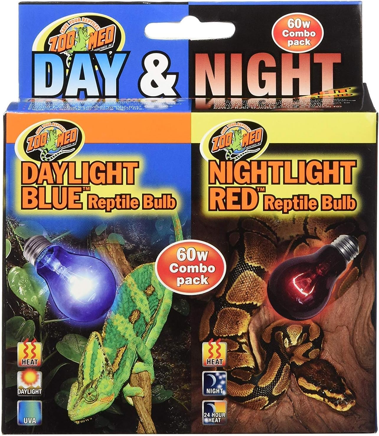 Zoo Med Day and Night Reptile Bulb Combo Pack front view featuring the 60 Watt Daylight Blue and Nightlight Red lamps for terrarium heating.