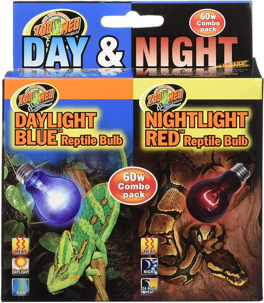 Zoo Med Day and Night Reptile Bulb Combo Pack front view featuring the 60 Watt Daylight Blue and Nightlight Red lamps for terrarium heating.