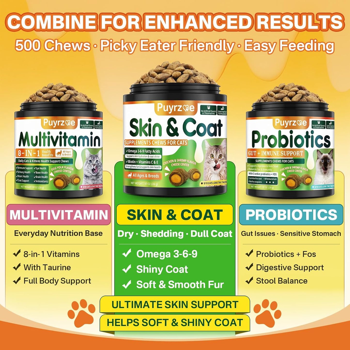 Puyrzoe Cat Skin and Coat Health - 500 Chews Crunchy & Creamy Cheese Core with Omega 3/6/9, Vitamins C & E, Biotin for Skin Hydration & Coat Shine Supplement for Cats Kittens - Chicken & Shrimp Flavor - Image 9