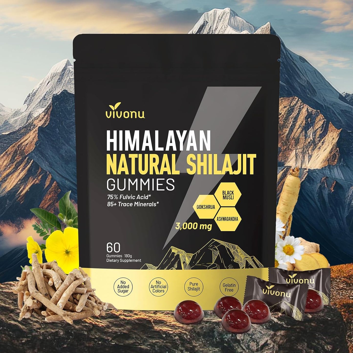 VivoNu Himalayan shilajit gummies with ashwagandha and gokshura for natural herbal health.