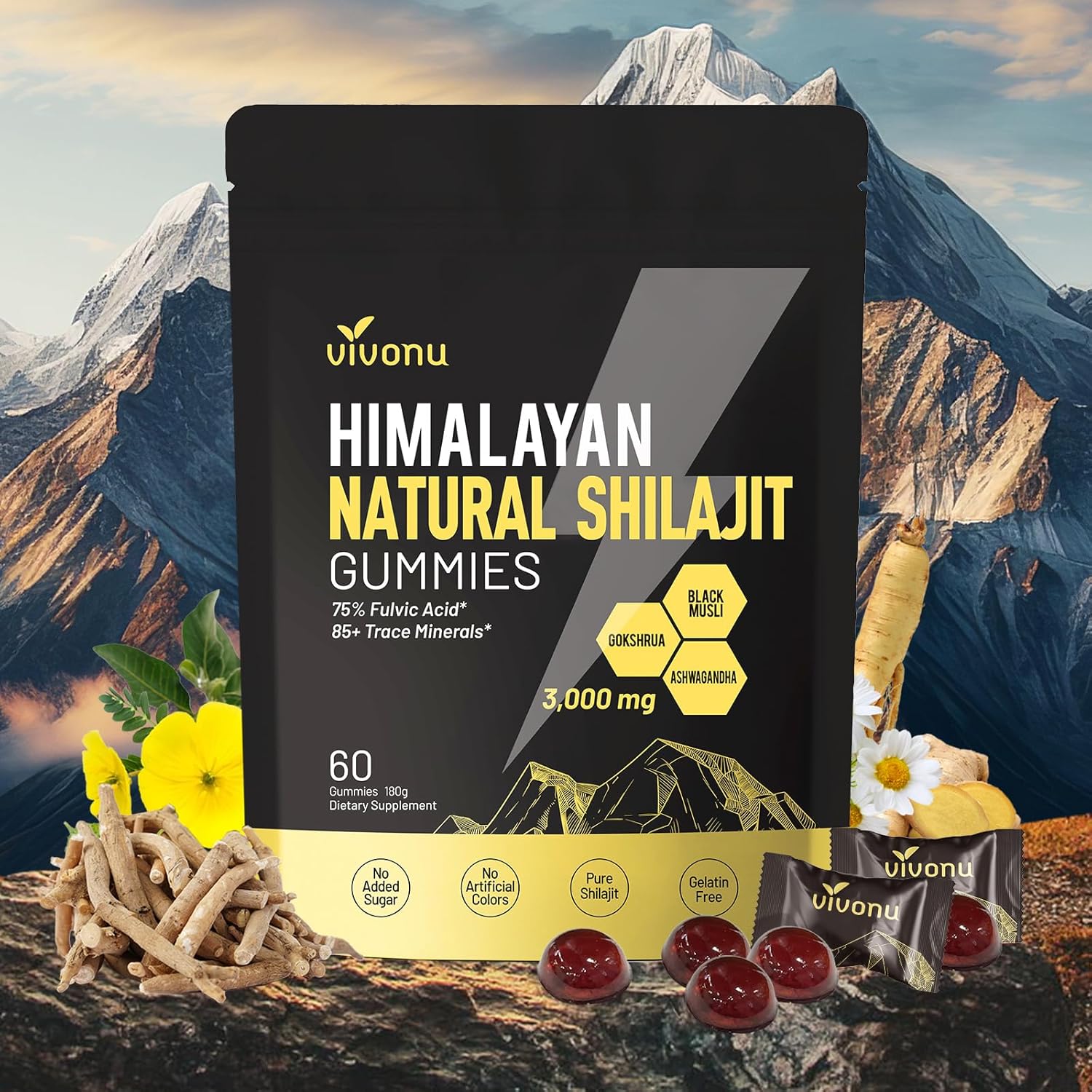 VivoNu Himalayan shilajit gummies with ashwagandha and gokshura for natural herbal health.
