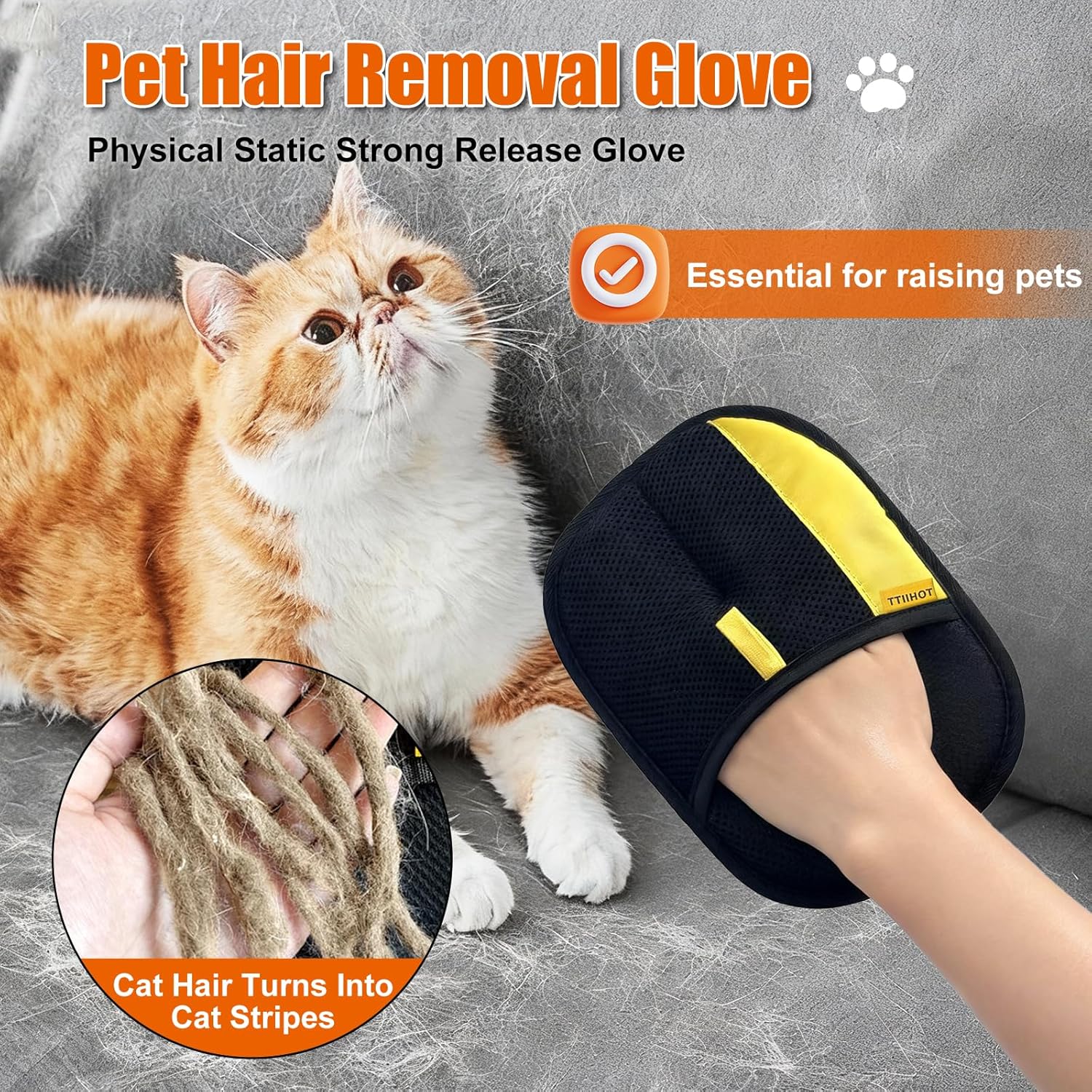 Close up of bidirectional brush fibers trapping cat fur on grooming mitt