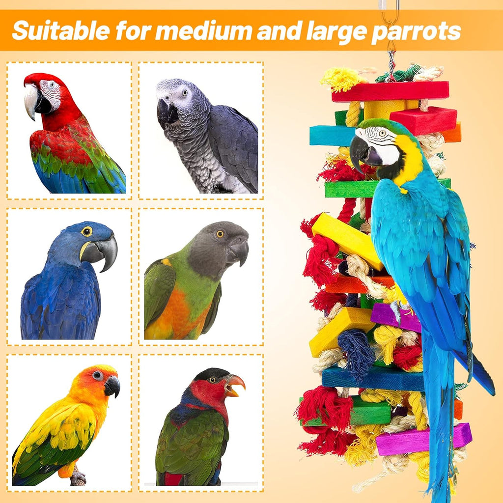 Large parrot interacting with durable wood and rope bird toy