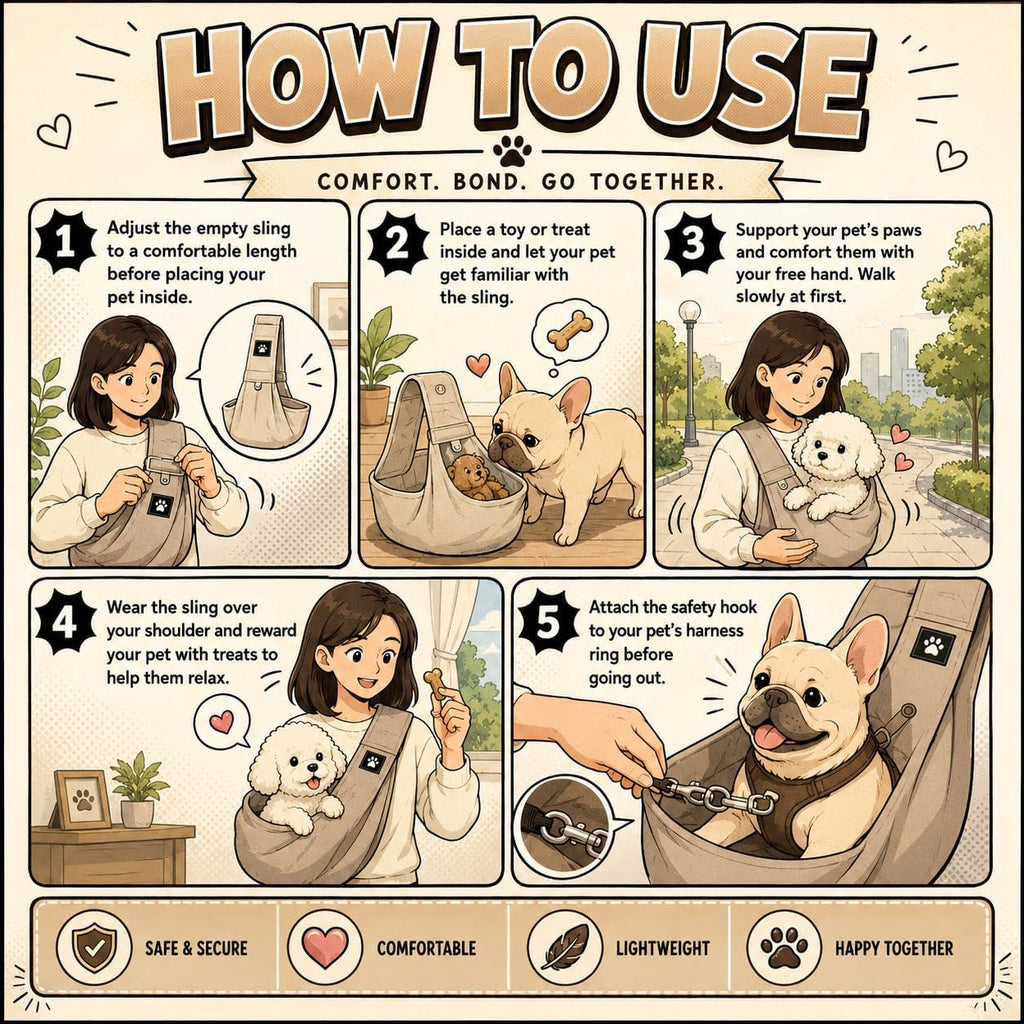 Cross-body demonstration of Pawpubby dog sling for small pets