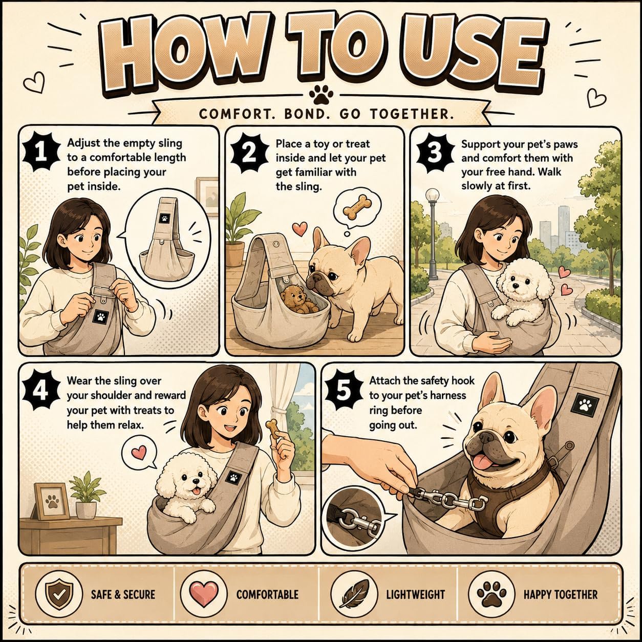Cross-body demonstration of Pawpubby dog sling for small pets