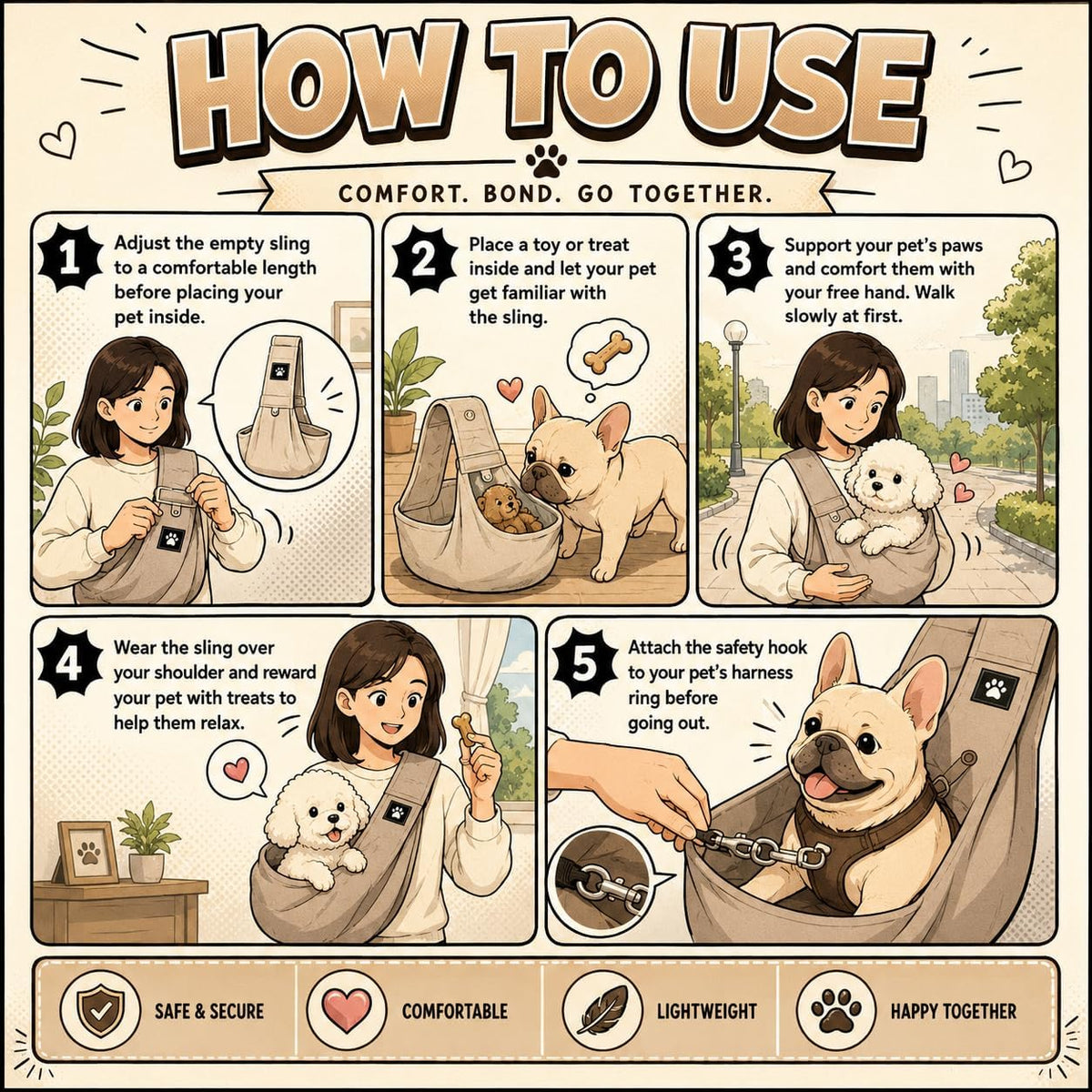 Cross-body demonstration of Pawpubby dog sling for small pets