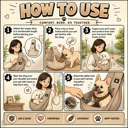 Cross-body demonstration of Pawpubby dog sling for small pets